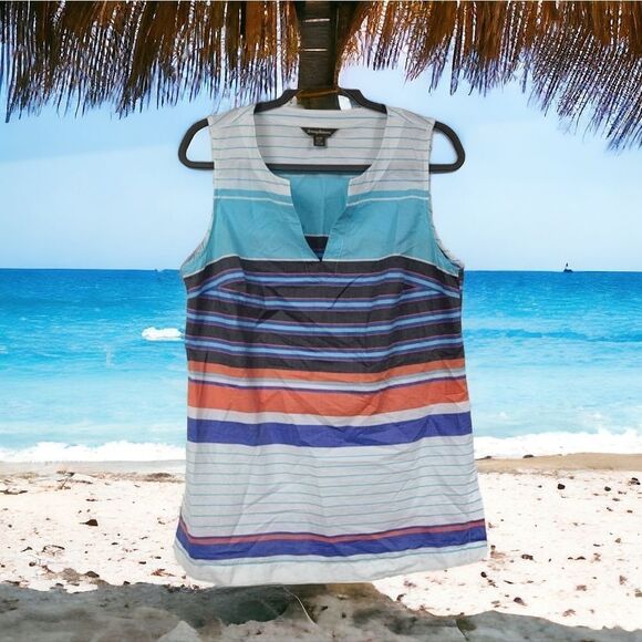 Tommy Bahama Ladies Aqua Blue Seaside Stripe Sleeveless Tunic Blouse Summer Top - Picture 7 of 11